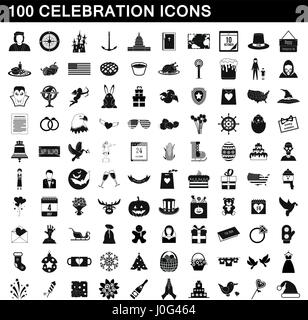 100 celebration icons set, simple style Stock Vector