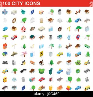 100 city icons set, isometric 3d style Stock Vector