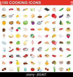 100 cooking icons set, isometric 3d style Stock Vector
