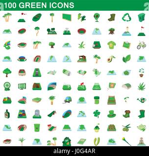100 green icons set, cartoon style Stock Vector