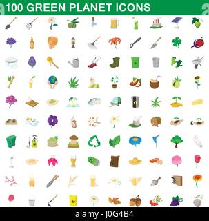 100 green planet icons set, cartoon style Stock Vector