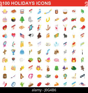 100 holidays icons set, isometric 3d style Stock Vector