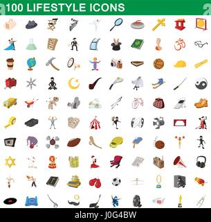 100 lifestyle icons set, cartoon style Stock Vector