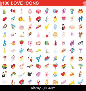 100 love icons set, isometric 3d style Stock Vector
