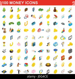 100 money icons set, isometric 3d style Stock Vector