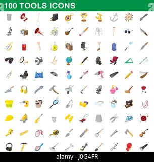 100 tools icons set, cartoon style Stock Vector