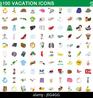 100 vacation icons set, cartoon style Stock Vector