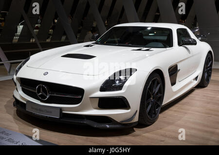 ESSEN, GERMANY - APR 6, 2017: 2013 Mercedes Benz SLS AMG Coupe Black Series (C197) sports car on display at the Techno Classica Essen Car Show. Stock Photo