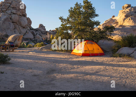 Camping tent at campground area. Joshua Tree National Park, California, USA. Stock Photo