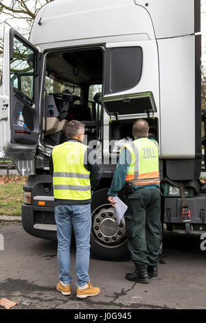 Police control of trucks, on the Autobahn A555 in Cologne, Germany, together with the customs, BAG and the TÜV,