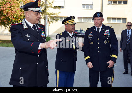 U.S. Army Col. Darius S. Gallegos (center), Center of Excellence for Stability Police Units (CoESPU) deputy director, Lt. Gen Vincenzo Coppola (left), Commanding General “Palidoro” Carabinieri Specialized and Mobile Units, welcome Maj. Gen. Joseph P. Harrington, U.S. Army Africa Commanding General, during the visit NATO JFC-Naples Commander, Admiral Michelle Howard at the CoESPU Vicenza, April 10, 2017. (U.S. Army Photo by Visual Information Specialist Paolo Bovo/released)