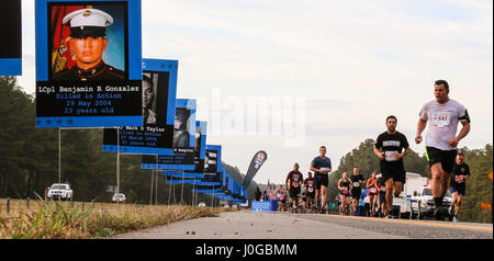 Runners of the All American Marathon move past a section of the competition that is dedicated to fallen service members Mar. 26, 2017, in Fayetteville, N.C. The memorial was put up by volunteers with the organization, wear blue: run to remember, who supported the event by lining a portion of the race with photos of fallen service members and holding flags in honor of the nation’s fallen heroes past and present. (U.S. Army photo by Pfc. Hubert D. Delany III/22nd Mobile Public Affairs Detachment) Stock Photo