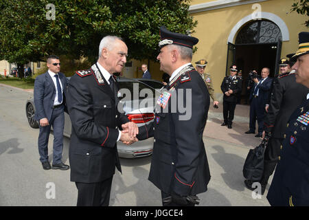Gen. Tullio Del Sette, Italian Carabinieri General Commander (left), thanks Brig. Gen. Giovanni Pietro Barbano, Center of Excellence for Stability Police Units (CoESPU) director (right), during visit at Center of Excellence for Stability Police Units (CoESPU) Vicenza, Italy, April 1, 2017. (U.S. Army Photo by Visual Information Specialist Paolo Bovo/released)