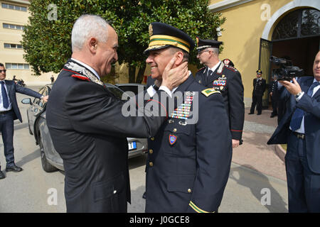 Gen. Tullio Del Sette, Italian Carabinieri General Commander (left), thanks U.S. Army Col. Darius S. Gallegos, CoESPU deputy director (right), during visit at Center of Excellence for Stability Police Units (CoESPU) Vicenza, Italy, April 1, 2017. (U.S. Army Photo by Visual Information Specialist Paolo Bovo/released)