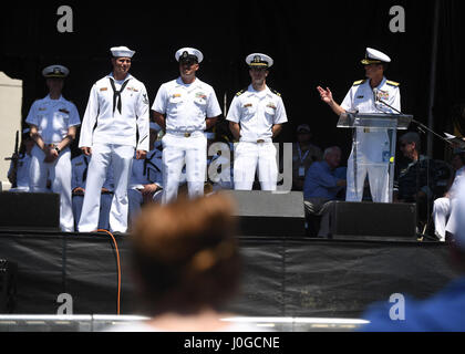 170401-N-LQ926-506 BILOXI, Miss. (April 1, 2017) Rear Admiral Timothy C. Gallaudet, commander, Naval Meteorology and Oceanography Command, recognizes crew members of the Virginia-class fast-attack submarine USS Mississippi (SSN 782) during the official commencement proclamation ceremony for the Mississippi Bicentennial/Navy Week celebration at Centennial Plaza, Gulfport Mississippi. Gulfport/Biloxi is one of select regions to host a 2017 Navy Week, a week dedicated to raise U.S. Navy awareness in through local outreach, community service and exhibitions. (U.S. Navy photo by Mass Communication  Stock Photo