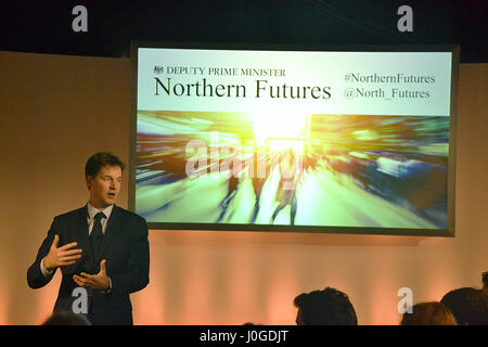 Deputy Prime Minister & Liberal Democrats leader Nick Clegg MP speaks at Northern Futures in 2015. Manchester MPs John Leech & Mark Hunter also attend Stock Photo