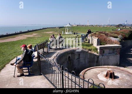 Enjoying a sunny Spring day at the seafront next to the historic castle, Southsea, Hampshire, UK Stock Photo