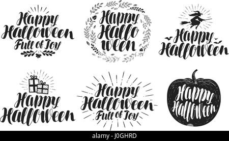 Happy Halloween, label set. Holiday symbol or logo. Beautiful handwritten lettering, vector illustration Stock Vector