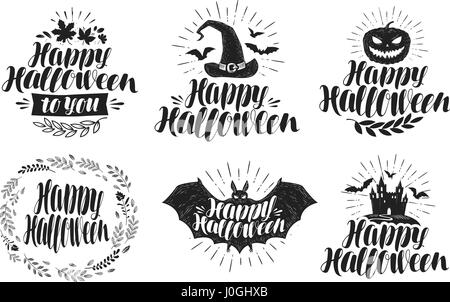 Halloween, label set. Holiday symbol or logo. Handwritten lettering, vector illustration Stock Vector