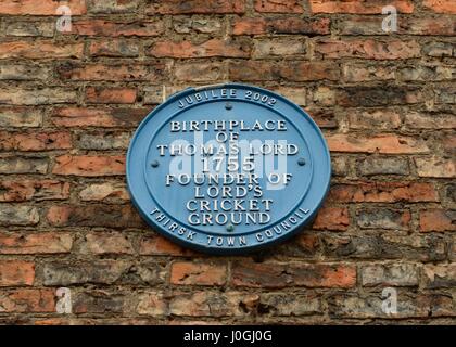 Blue plate on wall indicating the birthplace of Thomas Lord 1755 the founder of Lord's cricket ground. Stock Photo