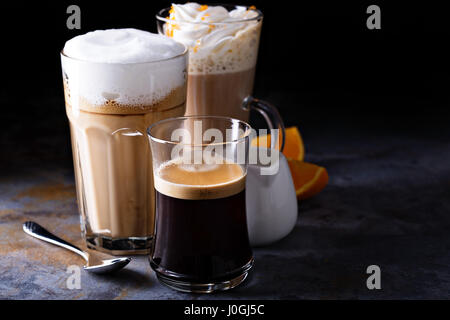 Coffee latte, black espresso and viennese coffee Stock Photo