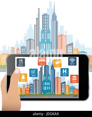 Hand holding smartphone use Augmented Reality application.The user is searching street location and relevant information about the spaces.City in back Stock Vector