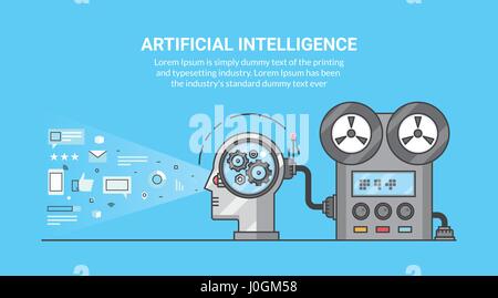 Artificial intelligence and machine learning concept, future of computer technology. Flat line vector banner illustration for web and print. Stock Vector