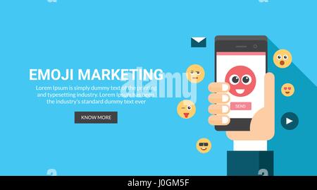 Concept of emoji marketing, sms marketing and mobile marketing. Flat design vector banner isolated on a blue background Stock Vector