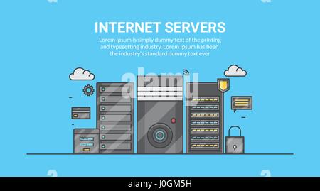 Web hosting, web servers, networking communication, web security and technology concept. Flat line vector banner illustration. Stock Vector