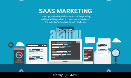 Software as a service concept, saas marketing, digital product marketing idea, digital technology marketing. Flat design illustration, web banner Stock Vector
