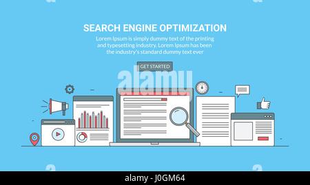 Search engine optimization, seo and digital marketing concept, set of flat design vector illustration, web banner on a blue background Stock Vector
