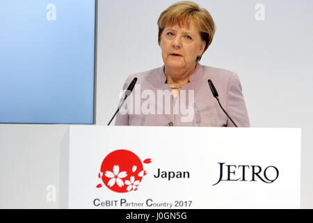 Hanover, Germany. 20th March, 2017. Angela Merkel, Federal Cancellor of Germany, speaks at opening walk at CeBIT 2017, exhibition stand of CeBIT 2017-partner country Japan. CeBIT 2017, ICT trade fair, lead theme 'd!conomy - no limits'. Photocredit: Christian Lademann Stock Photo