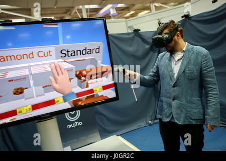 Hanover, Germany. 21th March, 2017. Virtual Reality application - at booth by Mymo Reality (Treffpunkt Idee UG) with focus to Mixed Reality Experiences. CeBIT 2017, ICT trade fair, lead theme 'd!conomy - no limits'. Photocredit: Christian Lademann Stock Photo