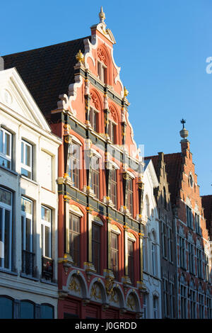 Traditional architecture windows and stepped gables of row of houses in Bruges - Brugge - Belgium Stock Photo