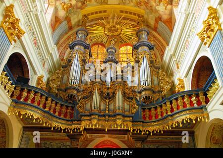 Pipe organ in Swieta Lipka (Holy Lime) baroque Pilgrimage Church, Masuria region, Poland. Stock Photo