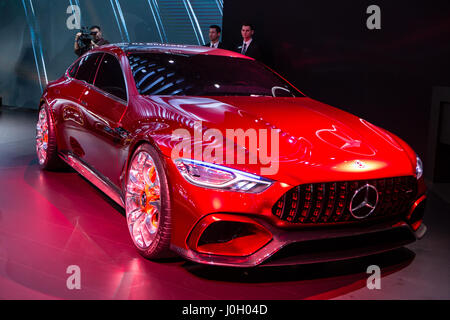 New York, NY - 12 April 2017. Mercedes-AMG GT Concept car, with a V8 gasoline engine and a high-performance electric motor producing a total of 805hp, and capable of going from 0-60 in under 3 seconds. The car has no rear view mirrors, but uses video cameras on tiny side wings for a rear view. Stock Photo