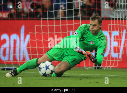 Munich, Germany. 12th Apr, 2017. Bayern Munich's goalkeeper Manuel Neuer saves a shot during the UEFA Champions League quarter-final first leg match between Bayern Munich and Real Madrid in Munich, Germany, on April 12, 2017. Bayern Munich lost 1-2. Credit: Philippe Ruiz/Xinhua/Alamy Live News Stock Photo