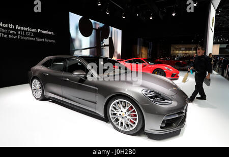 New York, USA. 12th Apr, 2017. A latest version of Porsche Panamera Sport Turismo is seen during the media preview of the New York International Auto Show (NYIAS) in New York, the United States, April 12, 2017. The NYIAS, which is open to public from April 14 to 23, is a unique combination of new automotive ideas, technological innovation, exceptional concept cars and nearly 1,000 of the latest new cars and trucks. Credit: Wang Ying/Xinhua/Alamy Live News Stock Photo