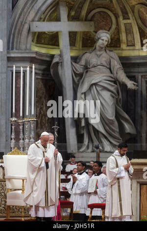 Vatican City, Vatican. 13th Apr, 2017. Pope Francis leads the Chrism Mass for Holy Thursday (Maundy Thursday) which marks the start of Easter celebrations in St. Peter's Basilica in Vatican City, Vatican. The Chrism Mass is the traditional liturgy, during the course of which the oils to be used in the sacraments of initiation, Holy Orders and healing throughout the coming year are blessed. Credit: Giuseppe Ciccia/Alamy Live News Stock Photo