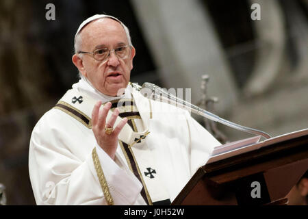 Vatican City, Vatican. 13th Apr, 2017. Pope Francis leads the Chrism Mass for Holy Thursday (Maundy Thursday) which marks the start of Easter celebrations in St. Peter's Basilica in Vatican City, Vatican. The Chrism Mass is the traditional liturgy, during the course of which the oils to be used in the sacraments of initiation, Holy Orders and healing throughout the coming year are blessed. Credit: Giuseppe Ciccia/Alamy Live News Stock Photo