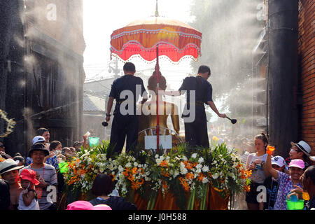 Chiang Mai, Thailand. 13th April 2017. The first day of Songkran, the Thai New Year, started with a massive water fight in Chiang Mai, which will last for three days. The tradition comes from pouring a small amount of water on a statue of Buddha, or monks, to receive a blessing in return. Now the blessings flow freely and rather than a small sprinkle of water, can be administered by hose, bucket of even super soaker water pistols. Credit: Paul Brown/Alamy Live News Stock Photo