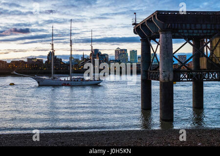 London Greenwich, UK. 13th April, 2017. The Royal Borough of Greenwich is hosting the 2017 Rendez-vous Tall Ships Regatta between the 13 and 16 April. The Regatta is the ceremonial start for a race being held to mark the 150th Anniversary of the Canadian Confederation. More than 30 Tall Ships are moored at Greenwich and Woolwich prior to sailing for Quebec, Canada, via Portugal, Bermuda and Boston. The Parade of Sail is the spectacular finale of the Regatta. The Parade will start at 5. Credit: Eden Breitz/Alamy Live News Stock Photo