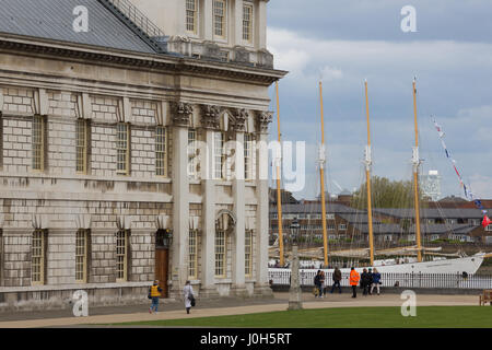 Greenwich, London, UK. 13th April, 2017. A fleet of tall ships have arrived on the Thames at Greenwich and Woolwich for a regatta over the Easter weekend before the start of the Tall Ships race to Quebec. The festival will culminate in a parade of sail down the river on Easter Sunday. Rob Powell/Alamy Live News Stock Photo