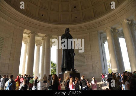 Washington, USA. 13th Apr, 2017. Visitors attend a wreath-laying ceremony to commemorate the 3rd president of the United States Thomas Jefferson's 274th birthday at the Thomas Jefferson Memorial in Washington, DC, the United States, on April 13, 2017. Credit: Yin Bogu/Xinhua/Alamy Live News Stock Photo