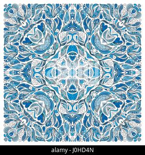 Hand drawn floral pattern. Wrapping decoration print. Square neck. Vector doodlle ornament. Ornamental background for textile, wrapping, bandanna. Blu Stock Vector