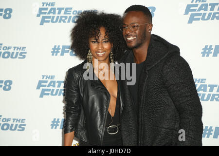 Malaika Salatis and Tim Omaji (Timomatic) arrive on the red carpet for the Sydney Premiere of The Fate of the Furious at Hoyts, The Entertainment Quar Stock Photo