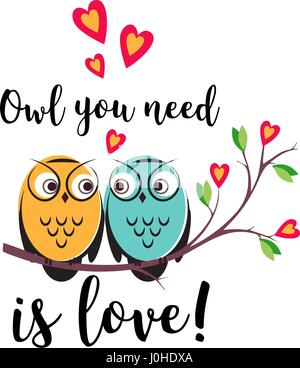 vector love couple owls with hearts on a tree branch. An insulated design white background for Valentine s day or wedding. cute illustration quote need is postcards. Stock Vector