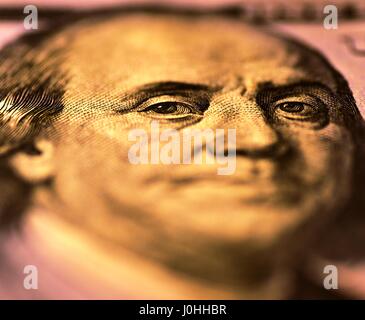 Benjamin Franklin. Eyes in focus on obverse of the 100 US dollar bill Stock Photo