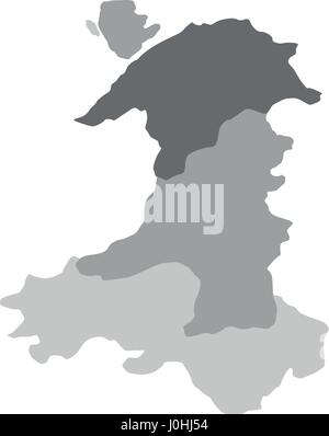 Map of Wales with regions in vector on white background Stock Vector