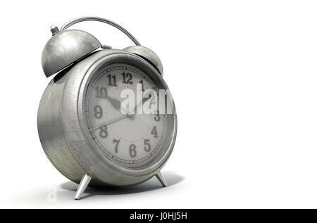 An old worn  metal vintage desk clock on an isolated white studio background - 3D Render Stock Photo